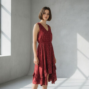 Mia Joy Joyfolie Polka Dot Sleeveless Ruffle Hem Ruby Red Midi Party Dress XL